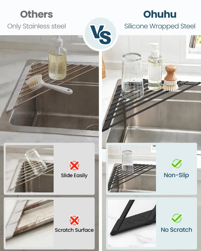 Alt view image 5 of 7 - Corner Sink Caddy, Sponge Holder for Kitchen Sink Organizer - Silicone Wrapped Steel Anti Slip Rust Triangle Over the Sink Roll-UP Dish Drying Rack for Sink Corner Kitchen Sink Accessories