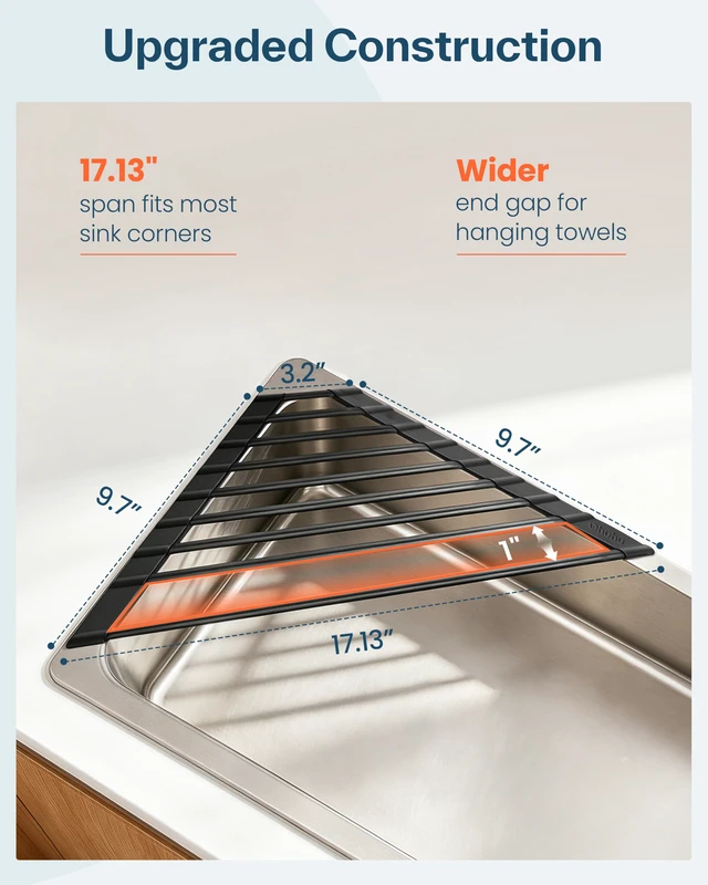Alt view image 6 of 7 - Corner Sink Caddy, Sponge Holder for Kitchen Sink Organizer - Silicone Wrapped Steel Anti Slip Rust Triangle Over the Sink Roll-UP Dish Drying Rack for Sink Corner Kitchen Sink Accessories