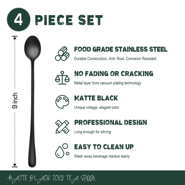 Alt view image 2 of 7 - Matte Black 9-Inch Long Handle Iced Tea Spoons, Coffee Spoon, Ice Cream Spoon, Stainless Steel Cocktail Stirring Spoons, Set of 4
