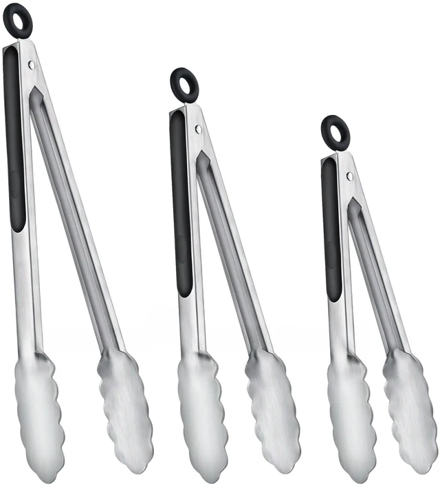 Main image of Stainless Steel Locking Kitchen Tongs for Cooking & Serving, Set of 3 | 7", 9" & 12", Heavy-Duty, Non-Slip Handle, 600°F Heat-Resistant Metal Food Tong for Barbecue, Air Fryer, Dishwasher Safe