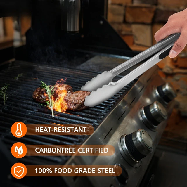Alt view image 3 of 7 - Stainless Steel Locking Kitchen Tongs for Cooking & Serving, Set of 3 | 7", 9" & 12", Heavy-Duty, Non-Slip Handle, 600°F Heat-Resistant Metal Food Tong for Barbecue, Air Fryer, Dishwasher Safe