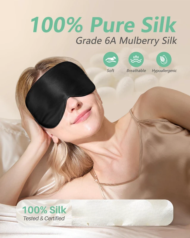 Alt view image 2 of 7 - 100% Mulberry Silk Sleep Mask, Blackout Eye Masks(Black & Black) | Natural Pure Silk Eye Shade, Real Silk Eye Cover for Sleeping, with Adjustable Strap, Reduces Puffy Eyes, Traveling Gifts