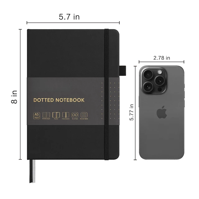 Alt view image 2 of 7 - Dotted Journal Notebook, A5 Hardcover Leather Dotted Journal, 160 Pages 100gsm Thick Dot Grid Paper, 3 Sheets of Stickers Included - 5.7'' x 8'' (Black)