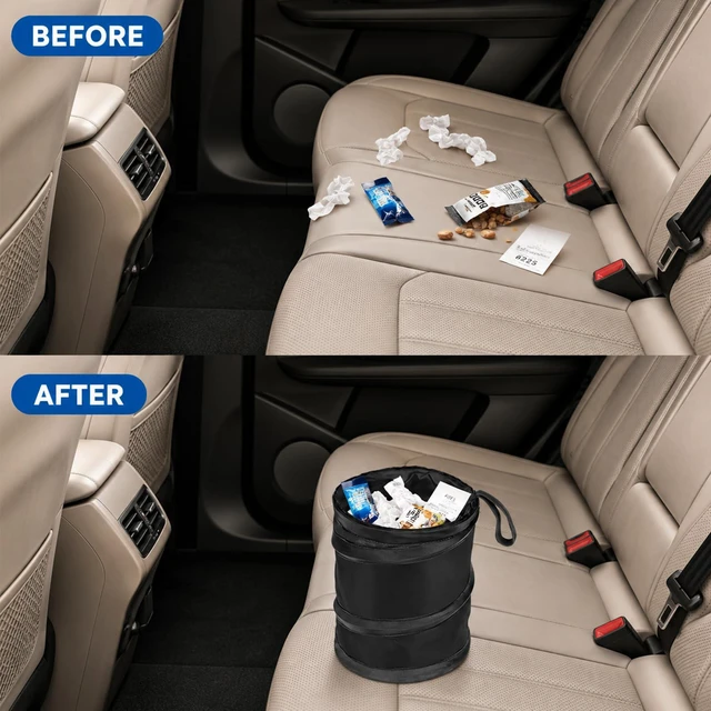 Alt view image 6 of 7 - Car Trash Can, 2 Packs Mini Collapsible Pop-up Compact Garbage Can | 1 Gallon Each, Leakproof Waterproof, Hanging & Hook and Loop for Vehicle SUV Truck, Travel Camping, Car Accessories, Black