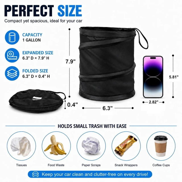 Alt view image 5 of 7 - Car Trash Can, 2 Packs Mini Collapsible Pop-up Compact Garbage Can | 1 Gallon Each, Leakproof Waterproof, Hanging & Hook and Loop for Vehicle SUV Truck, Travel Camping, Car Accessories, Black