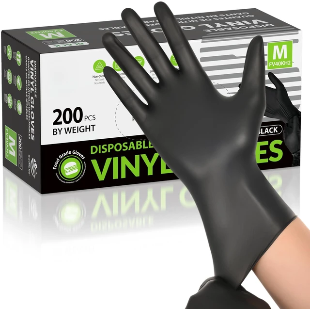Main image of Black Vinyl Gloves, Food Grade Gloves Disposable Latex Free | Powder Free Guantes for Cleaning, Cooking, Food Prep (200, Medium)