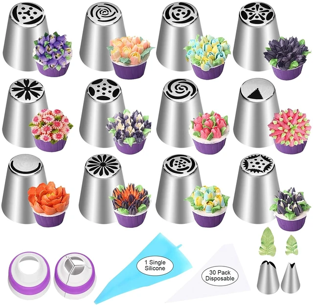 Main image of 47 Pcs Russian Piping Tips Set, 12 Flower Frosting Nozzles Icing Tips for Cake Decorating Tips Kit, Baking Supplies for Cookie Cupcake, 2 Leaf Piping Tips 2 Couplers 30 Pastry Baking Bags