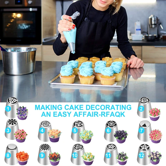 Alt view image 5 of 7 - 47 Pcs Russian Piping Tips Set, 12 Flower Frosting Nozzles Icing Tips for Cake Decorating Tips Kit, Baking Supplies for Cookie Cupcake, 2 Leaf Piping Tips 2 Couplers 30 Pastry Baking Bags