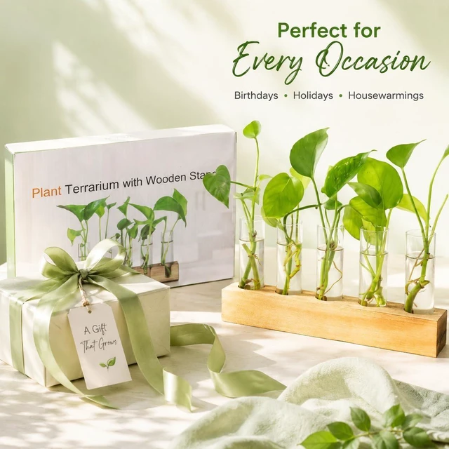Alt view image 6 of 7 - Plant Propagation Station, Plant Terrarium with Wooden Stand | Plants Pots for Hydroponics, Small Birthday Gardening Gifts for Women Mom Plants Lovers Unique - 5 Glass Test Tubes Vases
