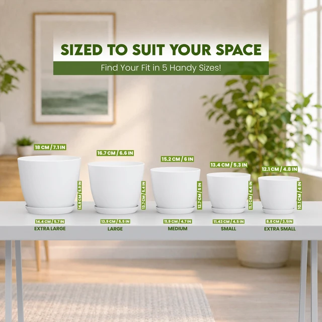 Alt view image 2 of 7 - Plant Pots Indoor with Drainage, 5 Pack Multi-Size Planters Set, White | Drainage holes included Multiple sizes 7/6.6/6/5.3/4.8 In Indoor plants and flowers Durable plastic construction