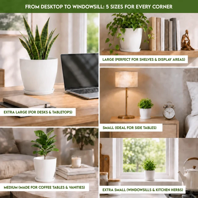 Alt view image 3 of 7 - Plant Pots Indoor with Drainage, 5 Pack Multi-Size Planters Set, White | Drainage holes included Multiple sizes 7/6.6/6/5.3/4.8 In Indoor plants and flowers Durable plastic construction