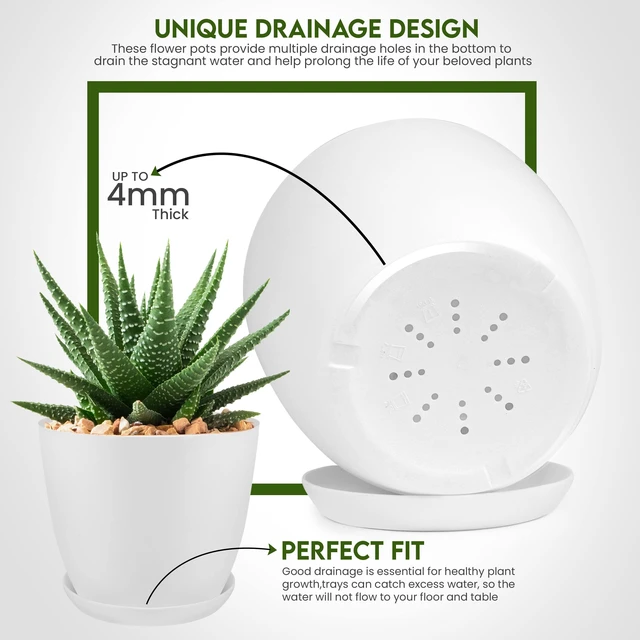 Alt view image 4 of 7 - Plant Pots Indoor with Drainage, 5 Pack Multi-Size Planters Set, White | Drainage holes included Multiple sizes 7/6.6/6/5.3/4.8 In Indoor plants and flowers Durable plastic construction