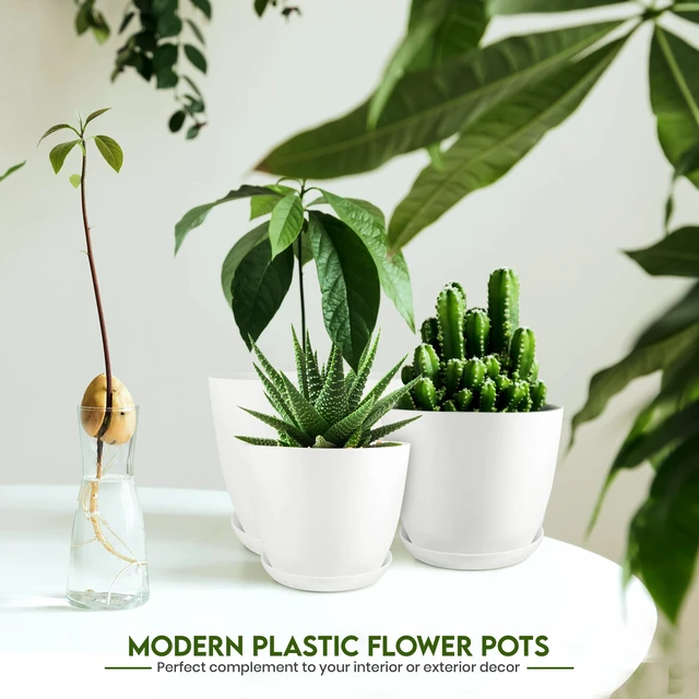 Alt view image 6 of 7 - Plant Pots Indoor with Drainage, 5 Pack Multi-Size Planters Set, White | Drainage holes included Multiple sizes 7/6.6/6/5.3/4.8 In Indoor plants and flowers Durable plastic construction