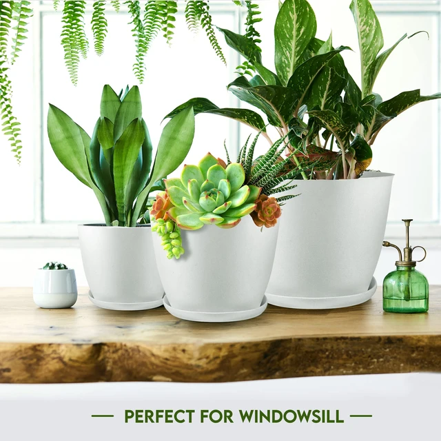 Alt view image 7 of 7 - Plant Pots Indoor with Drainage, 5 Pack Multi-Size Planters Set, White | Drainage holes included Multiple sizes 7/6.6/6/5.3/4.8 In Indoor plants and flowers Durable plastic construction