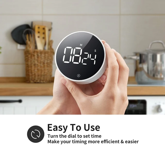 Alt view image 2 of 7 - Digital Magnetic Kitchen Timer & Stopwatch with LED Display, White | Up to 99:55 Countdown & Count Up , Easy Twist Control, Adjustable Volume & Brightness, Magnetic Back, Battery Powered