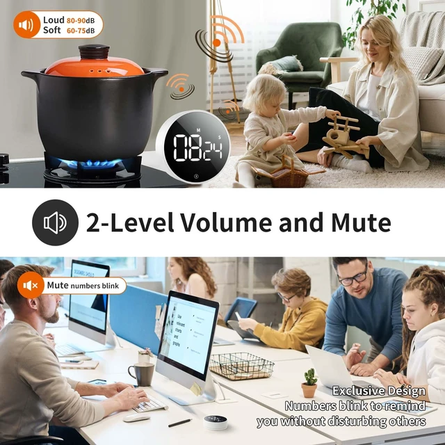 Alt view image 3 of 7 - Digital Magnetic Kitchen Timer & Stopwatch with LED Display, White | Up to 99:55 Countdown & Count Up , Easy Twist Control, Adjustable Volume & Brightness, Magnetic Back, Battery Powered