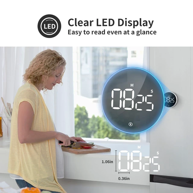 Alt view image 7 of 7 - Digital Magnetic Kitchen Timer & Stopwatch with LED Display, White | Up to 99:55 Countdown & Count Up , Easy Twist Control, Adjustable Volume & Brightness, Magnetic Back, Battery Powered
