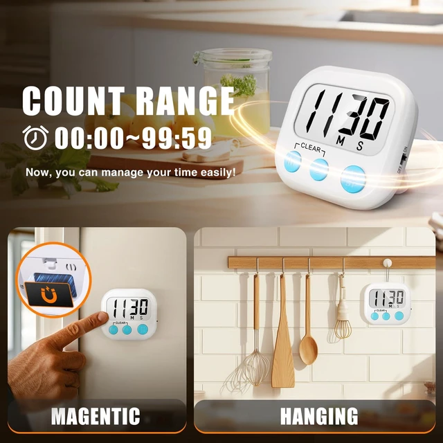 Alt view image 3 of 7 - Digital Kitchen Timers for Cooking, Timer for Kids 2 Pack White | Big Digits, Loud Alarm, Strong Magnetic, Large Screen, Count Down/Up, Classroom Timers for Teacher Supplies