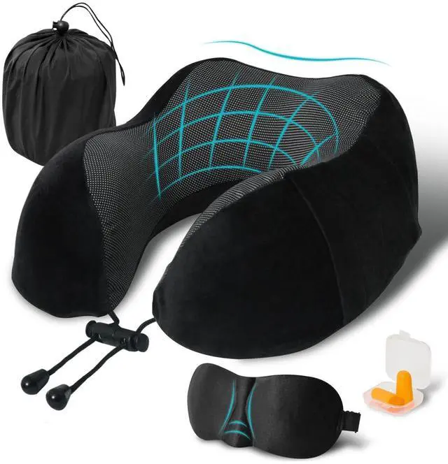 Main image of Travel Pillow, Memory Foam Neck Pillow for Traveling, U Shape Neck Pillow Airplane Portable Flight Pillow Travel Kit with 5D Contoured Eye Masks and Earplug for Plane Train Car Home Office