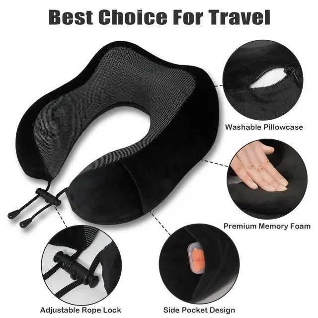 Alt view image 3 of 7 - Travel Pillow, Memory Foam Neck Pillow for Traveling, U Shape Neck Pillow Airplane Portable Flight Pillow Travel Kit with 5D Contoured Eye Masks and Earplug for Plane Train Car Home Office