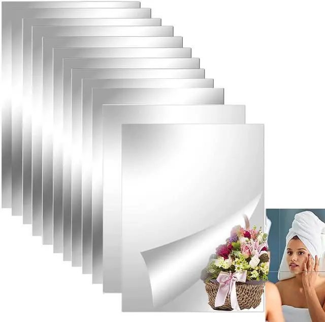 Main image of 8" x 6" Self Adhesive Acrylic Mirror Sheet, 12 Pack Flexible Shatterproof Non Glass Body Mirror Tiles Large Self Adhesive Mirror Stickers for Bathroom Bedroom Home Baby Playroom Gym Wall Decor 0.2mm