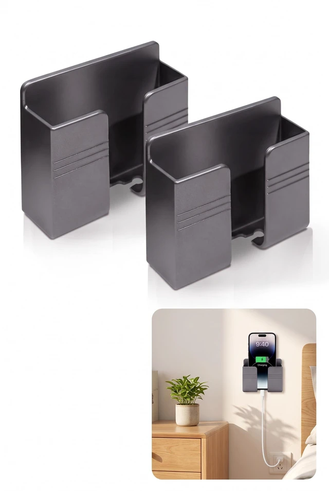 Main image of 2 PCS Wall Phone Holder, Self Adhesive Wall Mount Phone Holder, RV Boat Camper Accessories Phones Stand, Fit for Bathroom Bedside Kitchen RV Remote Controls (Gray)