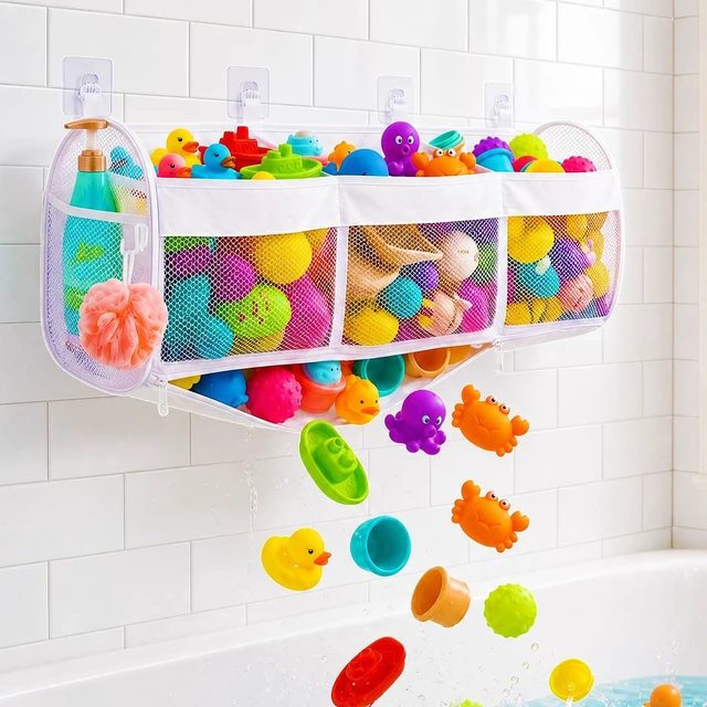 Main image of Bath Toy Storage, 3 Compartment Horizontal Large Openings with Bottom Zipper, Quick Dry Mesh Easy Access Toy Organizer for Tub & Shower Bath Toy Sorting
