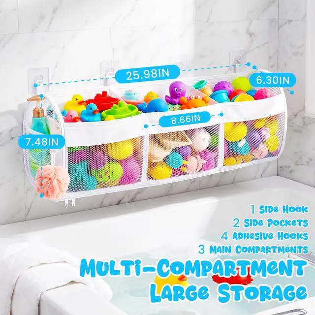 Alt view image 3 of 7 - Bath Toy Storage, 3 Compartment Horizontal Large Openings with Bottom Zipper, Quick Dry Mesh Easy Access Toy Organizer for Tub & Shower Bath Toy Sorting