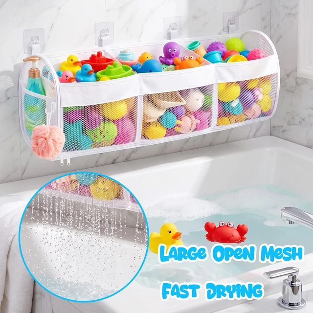 Alt view image 4 of 7 - Bath Toy Storage, 3 Compartment Horizontal Large Openings with Bottom Zipper, Quick Dry Mesh Easy Access Toy Organizer for Tub & Shower Bath Toy Sorting