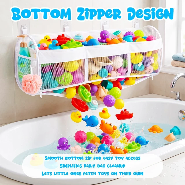 Alt view image 2 of 7 - Bath Toy Storage, 3 Compartment Horizontal Large Openings with Bottom Zipper, Quick Dry Mesh Easy Access Toy Organizer for Tub & Shower Bath Toy Sorting