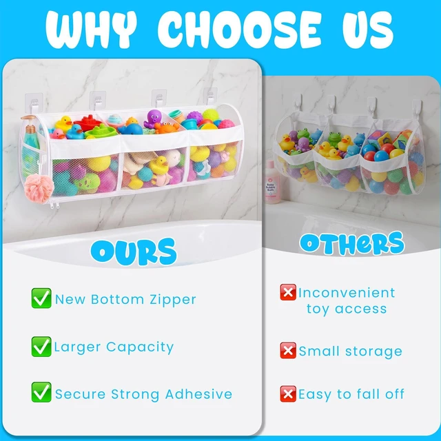 Alt view image 7 of 7 - Bath Toy Storage, 3 Compartment Horizontal Large Openings with Bottom Zipper, Quick Dry Mesh Easy Access Toy Organizer for Tub & Shower Bath Toy Sorting