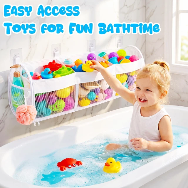 Alt view image 6 of 7 - Bath Toy Storage, 3 Compartment Horizontal Large Openings with Bottom Zipper, Quick Dry Mesh Easy Access Toy Organizer for Tub & Shower Bath Toy Sorting