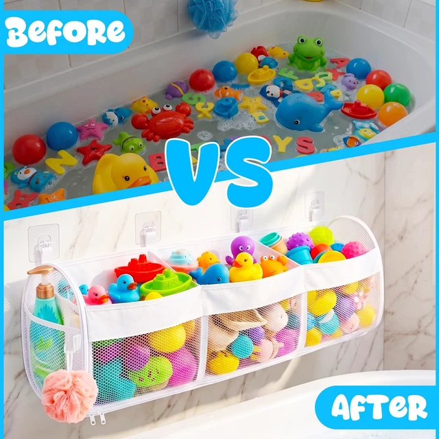 Alt view image 5 of 7 - Bath Toy Storage, 3 Compartment Horizontal Large Openings with Bottom Zipper, Quick Dry Mesh Easy Access Toy Organizer for Tub & Shower Bath Toy Sorting