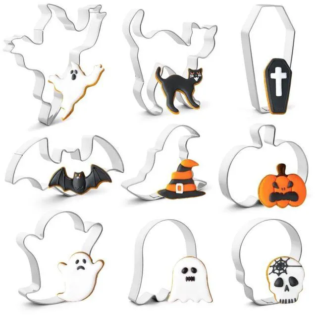 Main image of Halloween Cookie Cutters Set,9 Piece Stainless Steel Metal Halloween Cookie Cutters Shapes - Pumpkin, Ghosts, Bat, Black Cat, Witch's Hat, Skull, Coffin, 1, Silver
