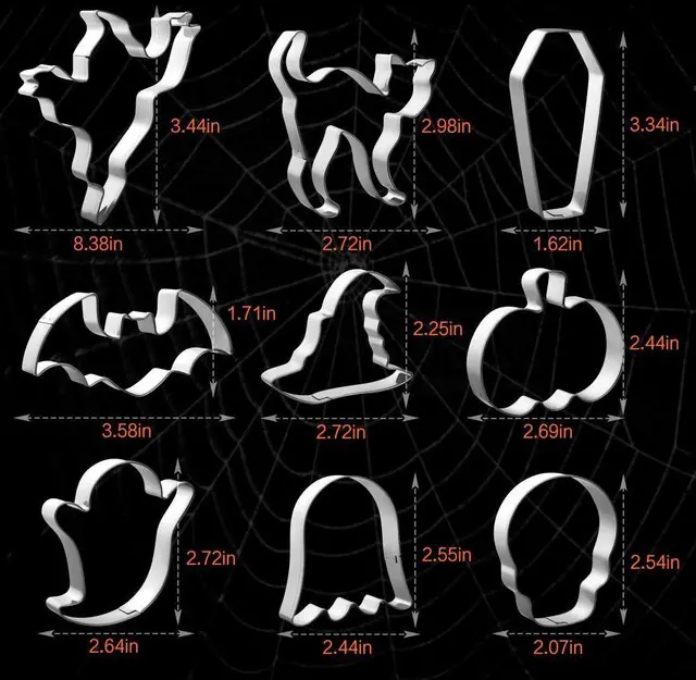 Alt view image 2 of 7 - Halloween Cookie Cutters Set,9 Piece Stainless Steel Metal Halloween Cookie Cutters Shapes - Pumpkin, Ghosts, Bat, Black Cat, Witch's Hat, Skull, Coffin, 1, Silver