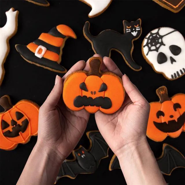 Alt view image 4 of 7 - Halloween Cookie Cutters Set,9 Piece Stainless Steel Metal Halloween Cookie Cutters Shapes - Pumpkin, Ghosts, Bat, Black Cat, Witch's Hat, Skull, Coffin, 1, Silver