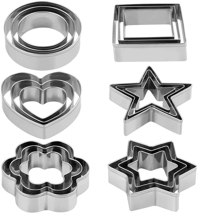 Main image of Stainless Steel Cookie Cutters Set, 18 Pieces, Star, Flower, Heart, Circle, Square, Hexagram Shapes