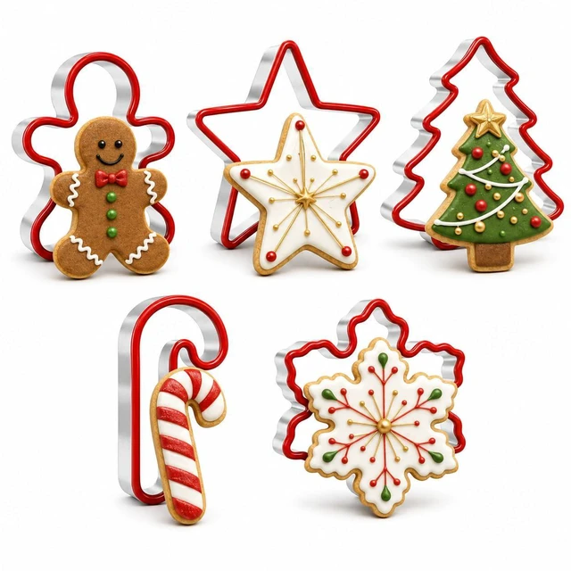 Main image of Christmas Cookie Cutters, Stainless Steel Silicone Edge, 5-Piece | Comfort rim helps steady pressing for dough, fondant and festive baking