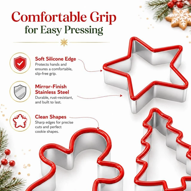 Alt view image 3 of 7 - Christmas Cookie Cutters, Stainless Steel Silicone Edge, 5-Piece | Comfort rim helps steady pressing for dough, fondant and festive baking