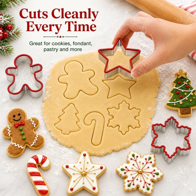 Alt view image 4 of 7 - Christmas Cookie Cutters, Stainless Steel Silicone Edge, 5-Piece | Comfort rim helps steady pressing for dough, fondant and festive baking