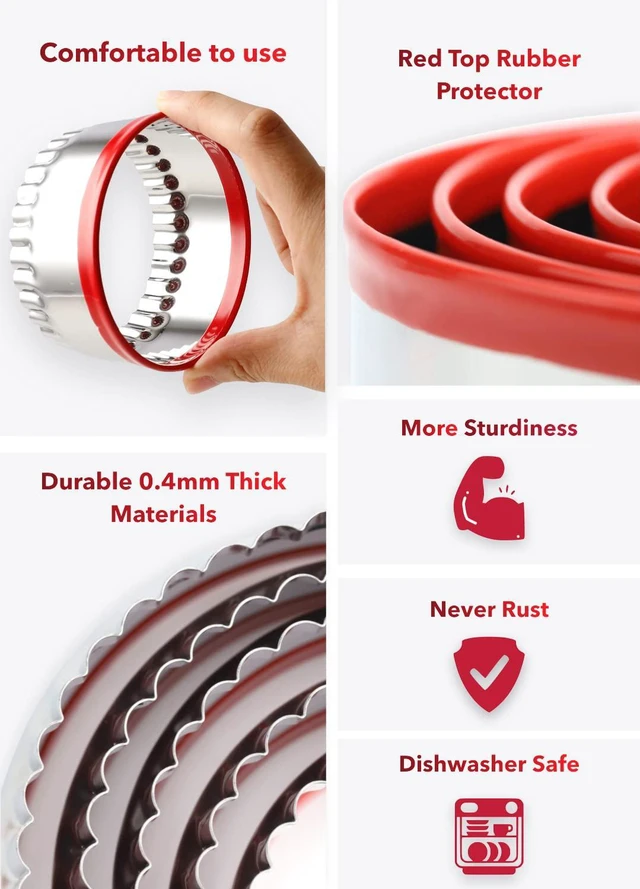 Alt view image 2 of 7 - 3Pcs Fluted Round Cookie Cutters - 2" & 2.6" & 3", Heavy Duty Food-Grade Stainless Steel, Mini Biscuit Cutter, Unique Design with Protective Red Top PVC