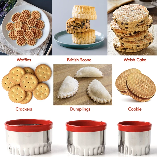 Alt view image 5 of 7 - 3Pcs Fluted Round Cookie Cutters - 2" & 2.6" & 3", Heavy Duty Food-Grade Stainless Steel, Mini Biscuit Cutter, Unique Design with Protective Red Top PVC