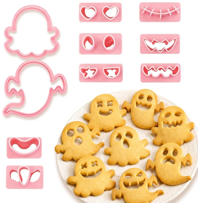 Main image of Halloween Cookie Cutters, 10Pcs Mini Ghost Cookie Stamps Set | 3D Raised Design Mini Ghost Cookie Molds for Halloween Baking, Frosting Decoration and Party Supplies
