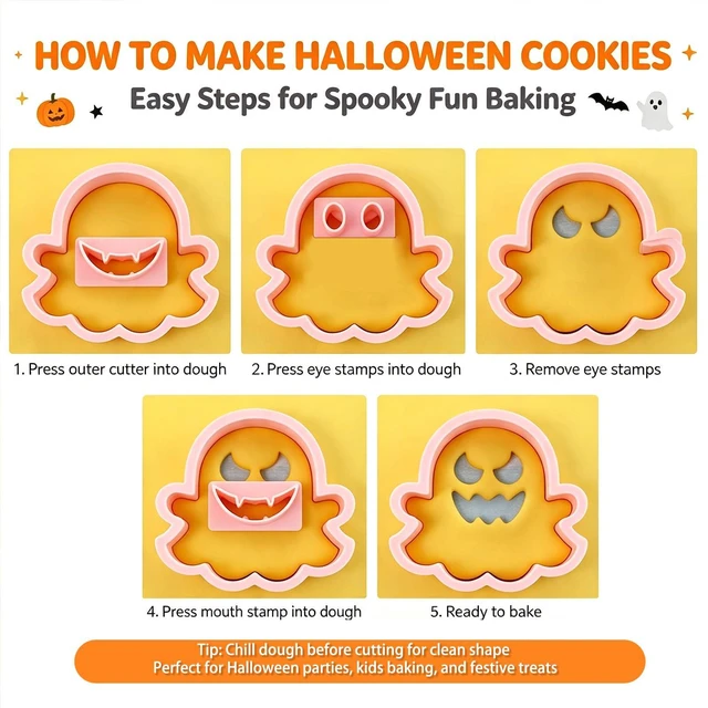 Alt view image 3 of 7 - Halloween Cookie Cutters, 10Pcs Mini Ghost Cookie Stamps Set | 3D Raised Design Mini Ghost Cookie Molds for Halloween Baking, Frosting Decoration and Party Supplies
