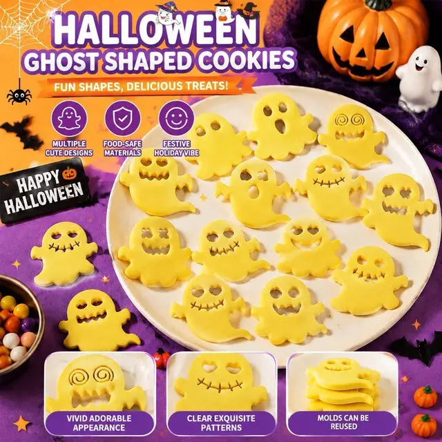 Alt view image 5 of 7 - Halloween Cookie Cutters, 10Pcs Mini Ghost Cookie Stamps Set | 3D Raised Design Mini Ghost Cookie Molds for Halloween Baking, Frosting Decoration and Party Supplies