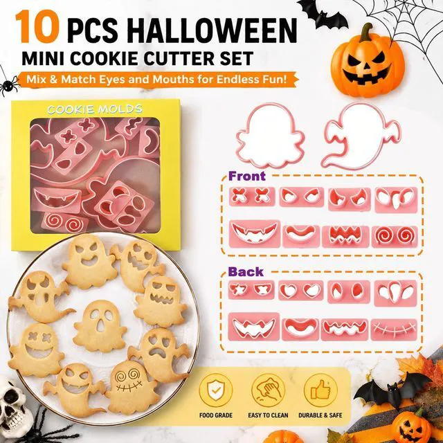 Alt view image 4 of 7 - Halloween Cookie Cutters, 10Pcs Mini Ghost Cookie Stamps Set | 3D Raised Design Mini Ghost Cookie Molds for Halloween Baking, Frosting Decoration and Party Supplies