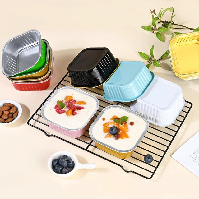 Alt view image 6 of 7 - 40 Pack Mini Cake Pans with Lids, 5oz Square Aluminum Foil Brownie Baking Cups, Muffin Tin Ramekins, Disposable Dessert Cupcake Cups for Wedding Birthday Party, Gold