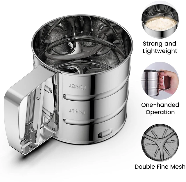 Alt view image 3 of 6 - Flour Sifter 3 Cup for Baking, Crank Sifter Sieve Baker Dusting | Professional Fine Mesh Flower Sifter, One Hand Press Quick Sifting, Stainless Steel