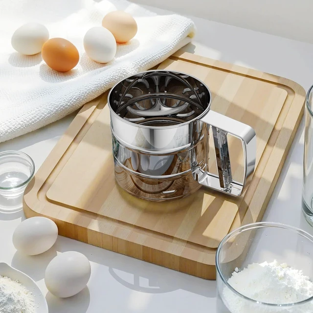Alt view image 4 of 6 - Flour Sifter 3 Cup for Baking, Crank Sifter Sieve Baker Dusting | Professional Fine Mesh Flower Sifter, One Hand Press Quick Sifting, Stainless Steel