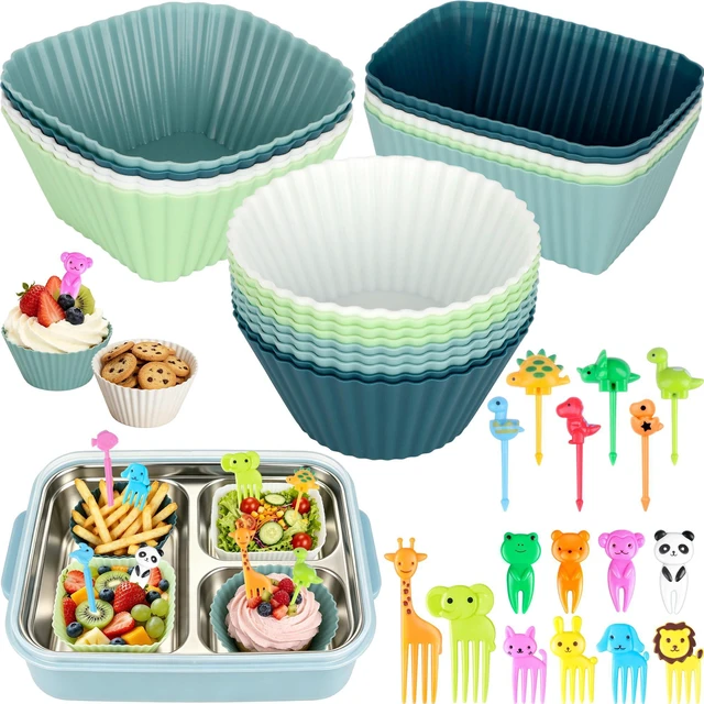 Main image of 66PCS Silicone Lunch Box Dividers & Cute Animal Food Picks for Kids | 20 Reusable Silicone Cupcake Liners, Muffin Baking Cups, 46 Fruit Toothpicks, School Lunchbox Bento Box Accessories Supplies